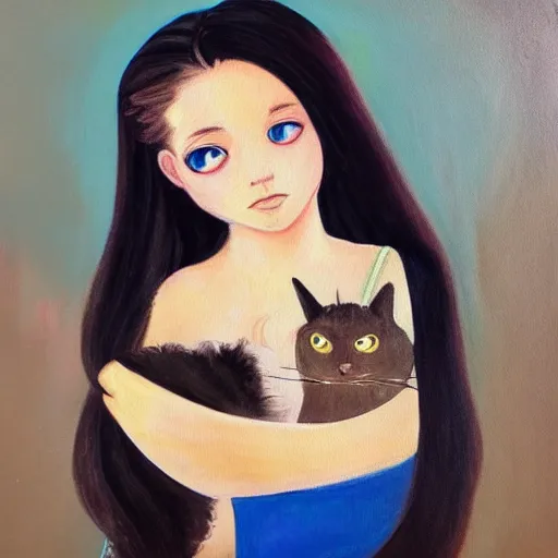 Prompt: a painting of a girl with long dark hair holding a cat in her arms, pexels contest winner, rasquache, high quality photo, rtx, hd, shiny eyes, a renaissance painting by sailor moon, anime, anime aesthetic