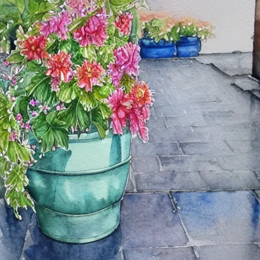 Prompt: a beautifull intricate watercolor painting of potted planter with flowers inside sitting on wet sidewalk, reflexions, high details by stephanie law art