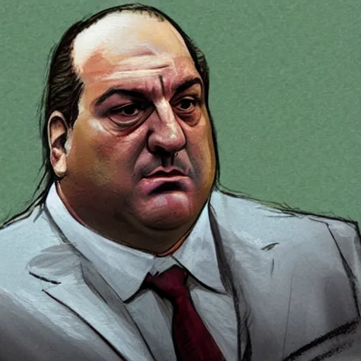 Prompt: Tony Soprano crying in courtroom sketch