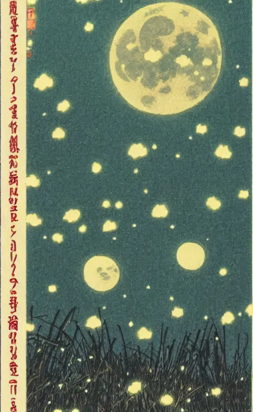 Prompt: by akio watanabe, manga art, full moon in the sky above a grass field, night, trading card front