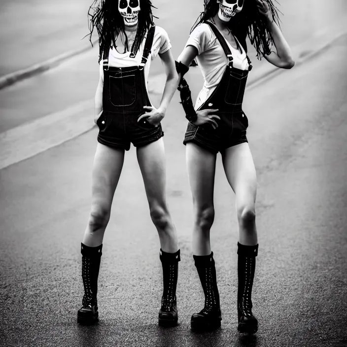 Image similar to fully body pose, photo of a very beautiful!! victoria secret model skull woman, overalls, short shorts, fishnets, combat boots, wet t shirt, raining, 8 k, hdr, smooth, sharp focus, high resolution, award - winning photo, trending on artstation, dslr, 5 0 mm