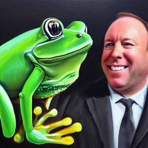 Prompt: Alex Jones presenting a newly finished painting of a frog while smiling. Photo realistic.