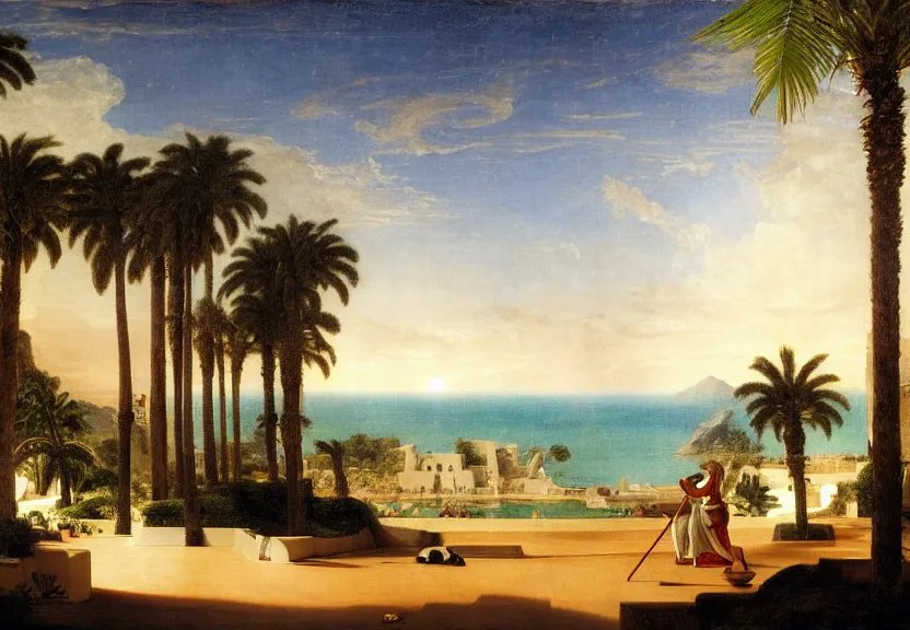 Image similar to The highest palace ever made, thunderstorm, greek pool, beach and palm trees on the background major arcana sky, by paul delaroche, hyperrealistic 4k uhd, award-winning very detailed