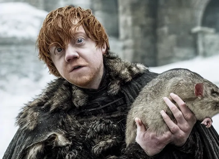 Image similar to rupert grint as thehnellor in game of thrones, holding his large fat rat, live action film, cinematic photo, clear hd image
