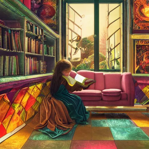 Prompt: hyperdetailed photorealistic illustration of an enchanted beautiful child reading books, portraied inside a futuristic maximalist hyperdetailed room. in the style of Caravaggio, Michelangelo, Paul Gauguin, with flemish baroque vibrant shiny maximalist 3d textures in soft pastel tones. matte background. HD 8x sharp