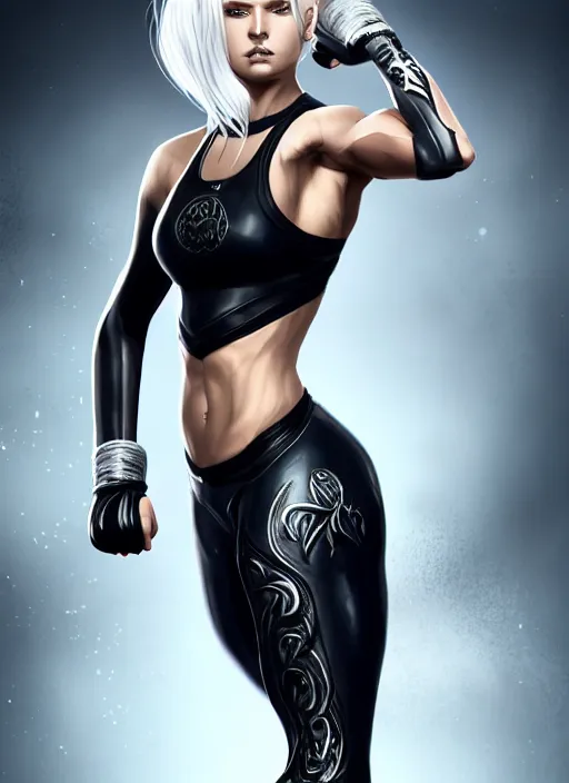 Image similar to a highly detailed illustration of fierce beautiful platinum blonde woman wearing black mma gear, heroic fighting stance pose, muscular, perfect face, perfect body, intricate, elegant, highly detailed, centered, digital painting, artstation, concept art, smooth, sharp focus, league of legends concept art, wlop