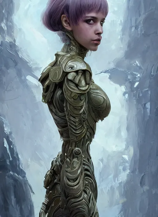 Image similar to a professional painting of a beautiful young female alien, clothed in ethereal armor, olive skin, long dark hair, beautiful bone structure, symmetrical facial features, intricate, elegant, digital painting, concept art, smooth, sharp focus, illustration, from Valerian and the City of a Thousand Planets, by Ruan Jia and Mandy Jurgens and Artgerm and William-Adolphe Bouguerea