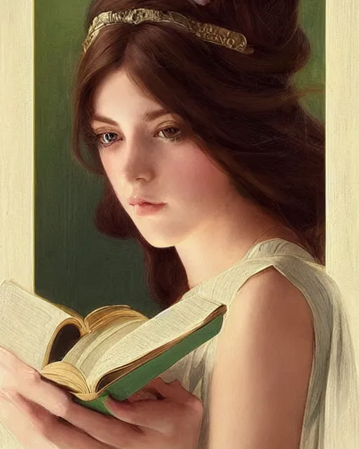 Image similar to a girl reading a book, her hair flowing down, beautiful face, oil on canvas, artstation, by j. c. leyendecker and edmund blair leighton and charlie bowater, beautiful face, octane, very aesthetic!!!!!!!!!!!!!!! stunning gorgeous green eyes