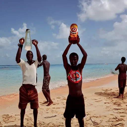 Image similar to bang man drinking bongo beer on tanzania on bongo beach dancing to bongo music Africa bongo people and love, realistic photo, surreal place