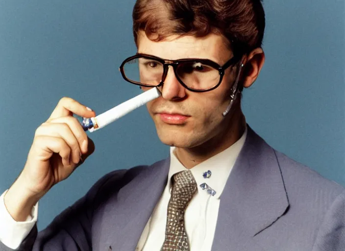 Prompt: color photo. stock market. handsome man wearing aviation glasses and smoking a cigarette in the 8 0's