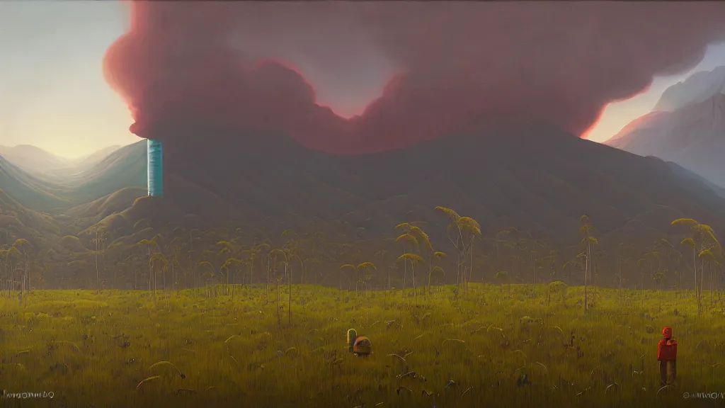 Image similar to Nuclear Nature harmony; by Oswaldo Moncayo; by Simon Stålenhag, oil on canvas; Location: Quito Ecuador