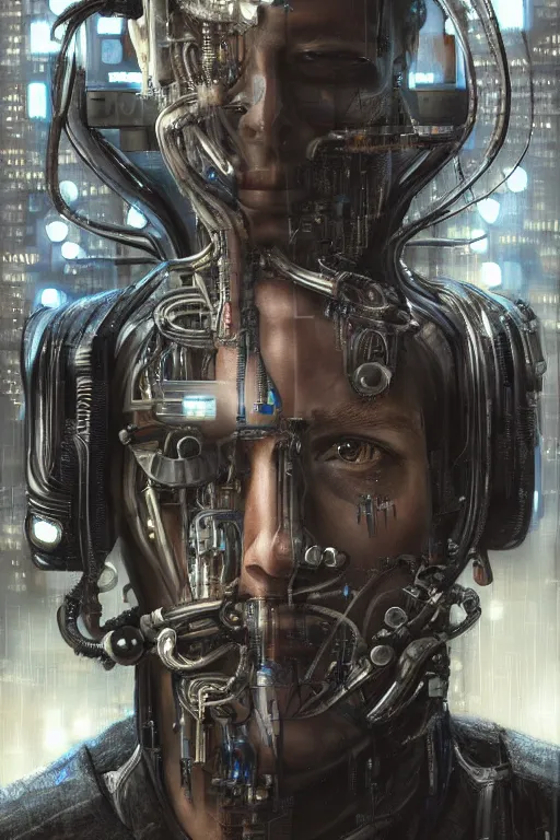 Image similar to an extremely high quality hd, a digital painting of a man's face surrounded by mechanical parts, cyberpunk art by h. r. ( hans ruedi ) giger, featured on cgsociety, afrofuturism, circuitry, tesseract, dystopian art, 8 k, ultra realistic, very realistic