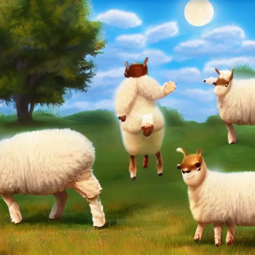 Prompt: fluffy sheeps dancing with alpacas on a sunny field, butterflies flying, digital art, trending on artstation