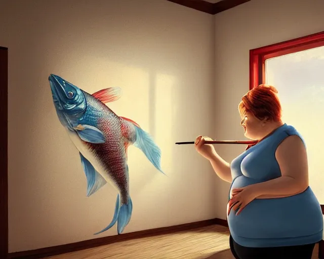 Image similar to an innocent and beautiful scene in hyper realistic style, about an fat old woman painting a huge colorful fish on the wall, lighting from the barred window. shadows. 4 k. wide angle. wild mood. red mouth, blue eyes. deep focus, lovely scene. ambient occlusion render. unreal engine.