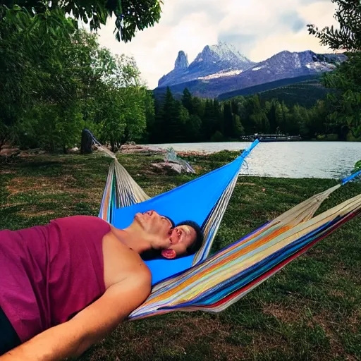 Prompt: my italian wise friend on a hammock, reading the book about love, mountains in a background