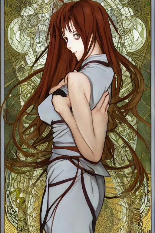 Image similar to Tonemapping Kurisu Makise in the style of Ayami Kojima and Alphonse Mucha