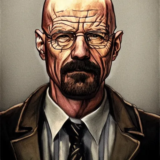 Image similar to a highly detailed portrait of walter white in the style of charles dana gibson and in the style of peter mohrbacher. glowing rune of magical power.