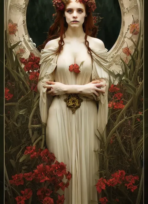 Prompt: majestic gothic vampire porcelain skin girl movie poster, art style by edmund leighton, tom bagshaw, alphonse mucha, exquisite digital art, iconic, masterpiece, organic painting, photorealistic, ornate and hyper detailed