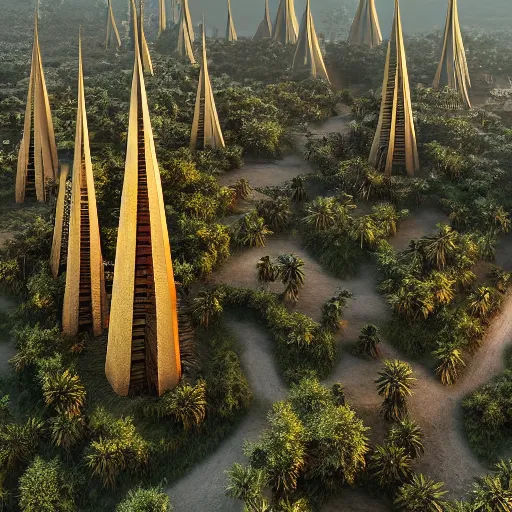 Image similar to photo of vertical golden tower, stacked ancient village, arid mountains and lush palm forest, photo realism, sharp focus, octane