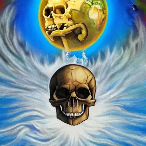 Prompt: ultrarealistic mixed art painting of a skull face Jesus Christ standing tall with the earth sphere in background, drowning into thermonuclear blast mushroom, praying for peace