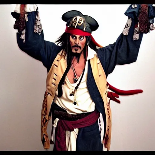 Prompt: Captain Jack Sparrow as Monkey D. Luffy, Anime Captain Jack Sparrow, Stretchy rubber arms