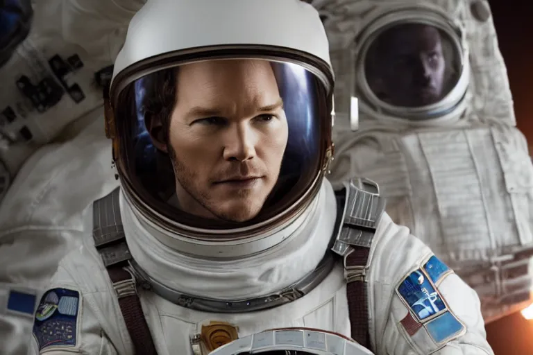 Image similar to medium shot of Chris Pratt as an astronaut in Interstellar (2014 film), detailed face, movie still, promotional image, imax 70 mm footage