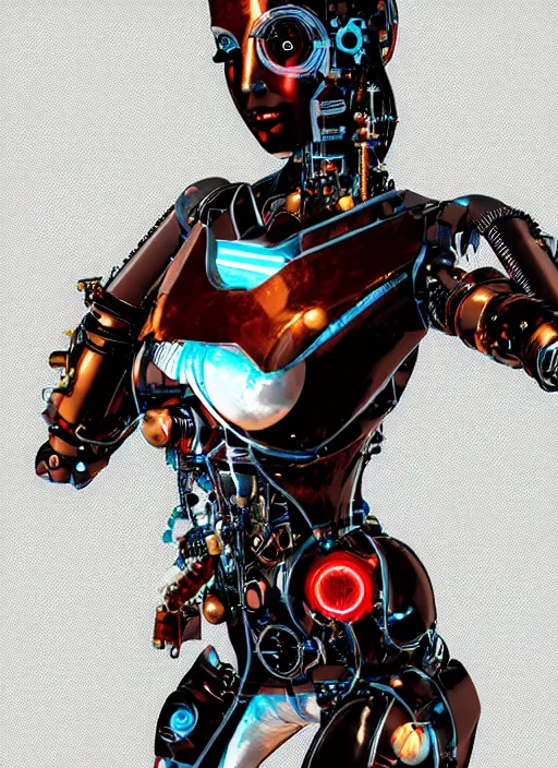 Prompt: woman, cyborg, low-poly, steampunk color scheme, hydro integration, robot, close-up shot