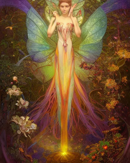 Image similar to the most wonderful fairy dream you ever had, coherent design, symmetry, concept art, trending on artstation vivid color, complementary color, golden ratio, detailed, sharp lines, intricate, rainbowshift, by james gurney, by brian froud, by peter mohrbacher, by alphonse mucha, by maxfield parrish, by karol bak, deviantart, octane render