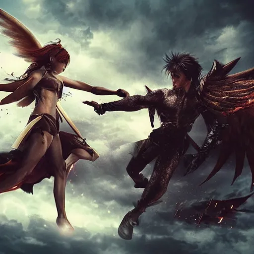 Image similar to an epic battle between a female angel and male demon locked in mortal combat flying through the air, cinematic, excellent lighting, fully rendered, clouds in the background