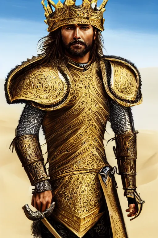 Prompt: photo-realistic Portrait of the King of the Desert, Warrior Man, standing in Sand, detailed scene, Gold Armour and Crown, Sword, handsome attractive face, beautiful face, photo realistic, highly detailed, dramatic lighting, majestic, trending on artstation, elegant, intricate, highly detailed, digital painting, concept art, by artgerm