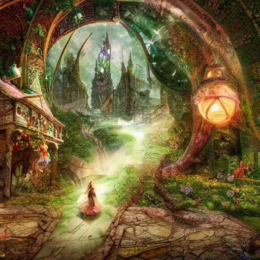 Prompt: **A elf and fairy world, hyper detailed, matte painting, book illustration, paper texture, fairy dust, post processing