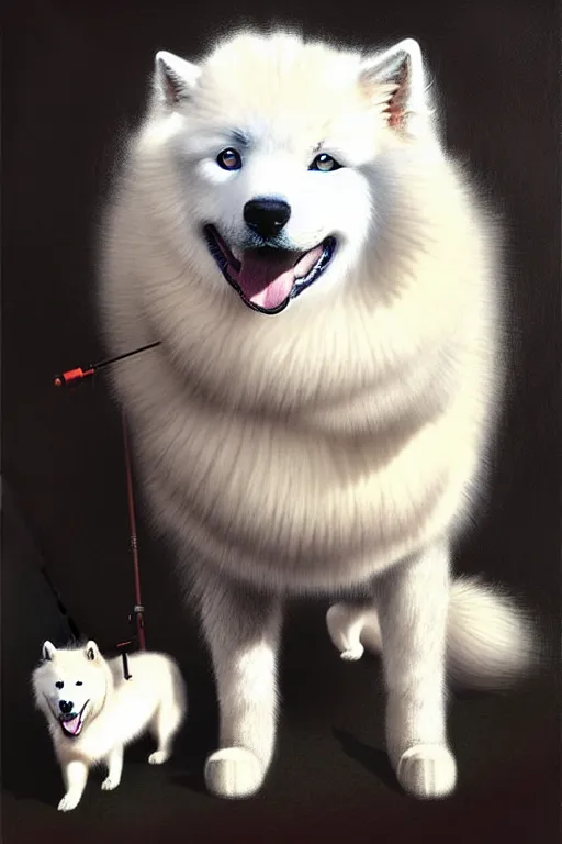 Image similar to pet samoyed with equipment, portrait by anna podedworna and greg rutkowski