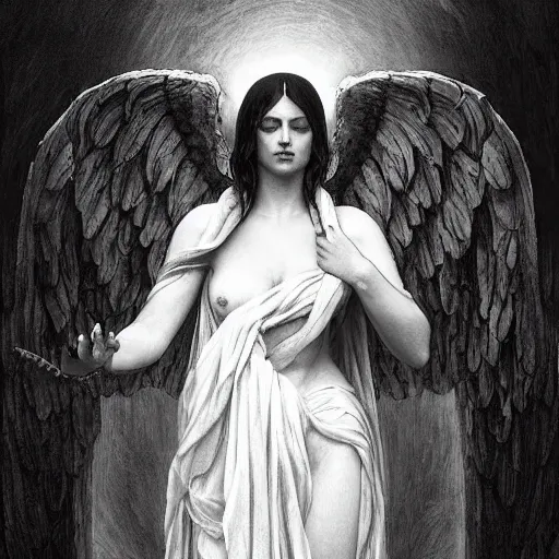 Prompt: Angel standing in the front of gates of hell . Angel is fully covered with black transparent cloth. angel is draped with bones. Digital painting. Art station. Mood lighting. Skindness, highly detailed, concept art, intricate, sharp focus, einar jonsson and bouguereau - h 1200