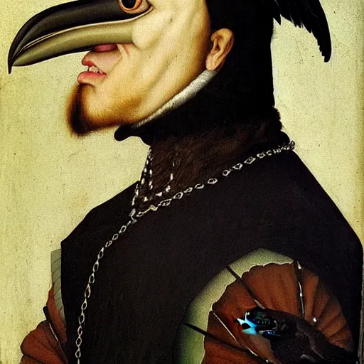 Image similar to a highly detailed renaissance oil painting of a raven dressed in elegant tudor clothes by hans holbein