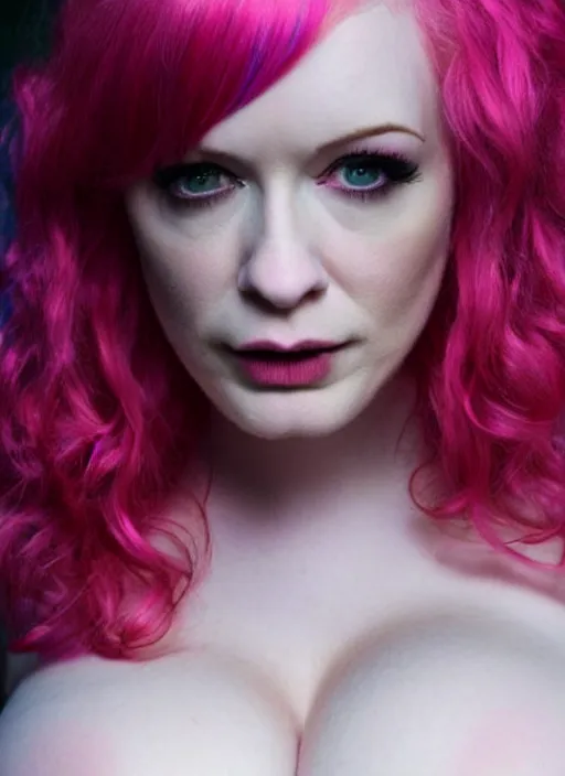 Prompt: intricate real life christina hendricks as scene alt girl, very tight small push up bra, really large bust, pink makeup, rainbow coloured hair, choker, glistering!!! oiled - skin!!!, shiny - skin!!!, glistering, cinematic, aesthetics, full pov