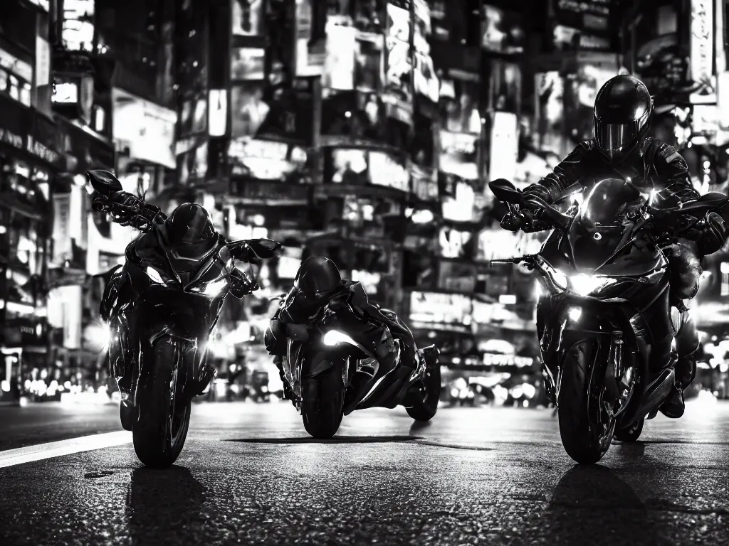 Image similar to a Photorealistic hyperdetailed hyper realistic dramatic moody Low angle night time close up render of a lone biker speeding on a GSX R1000 in the middle of busy shibuya crossing Tokyo,multiple long light trails,Beautiful dramatic moody tones and lighting,cinematic atmosphere,photorealism,8K