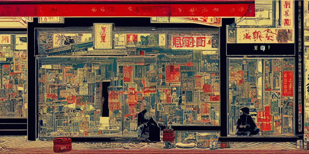 Image similar to a shop window in hong kong, by dan mumford and peter doig and edward hopper, minimal, black ink, thick lines, highly detailed, muted colours, overlaid with chinese adverts, 8 k