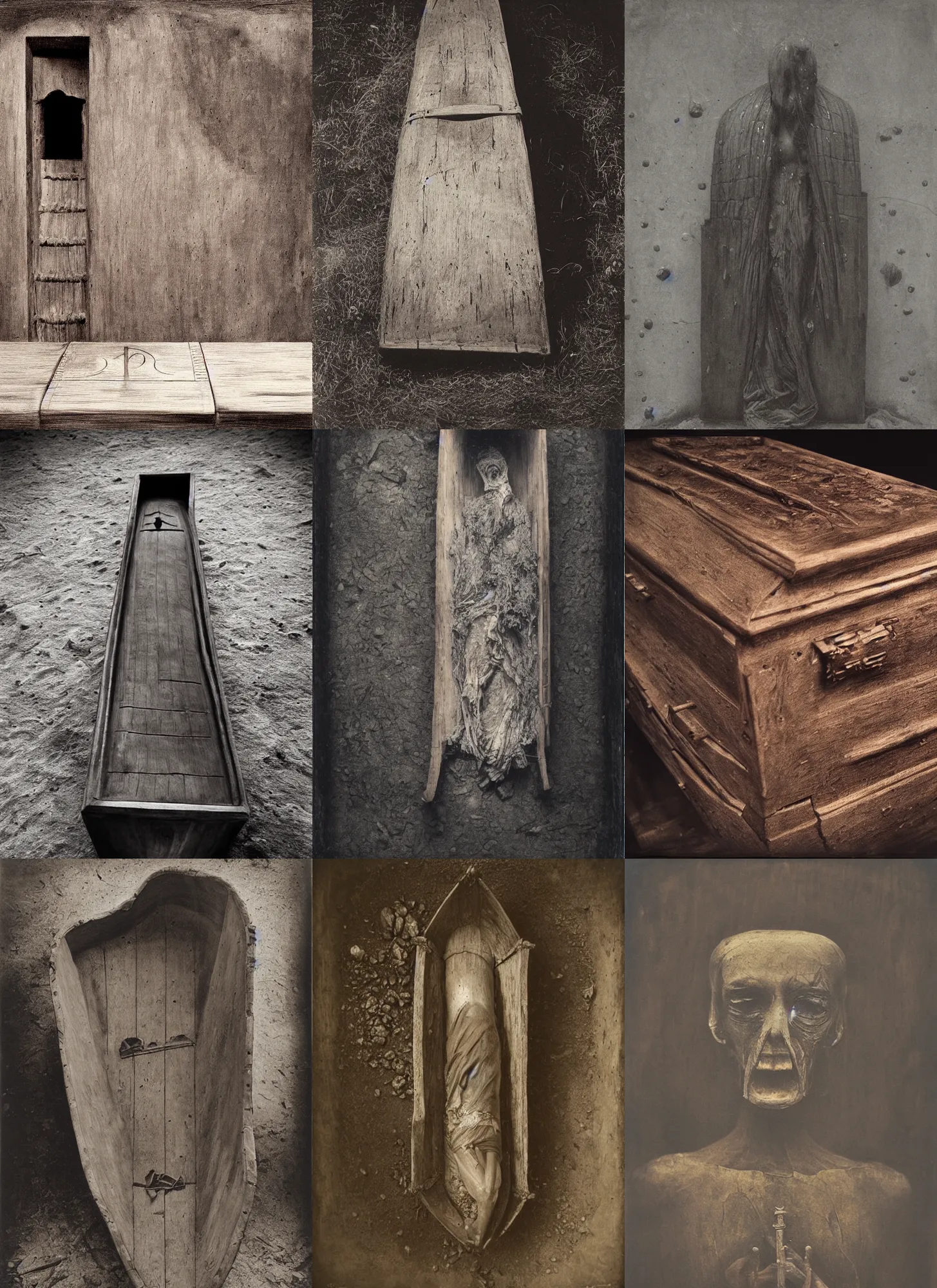 Prompt: wet plate photography ancient wooden coffin, scp, beksinski, barlowe