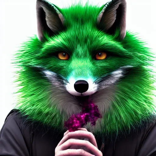 Prompt: close up of photorealistic green fox with green fur and magenta eyes, wearing a black hoodie, smoking weed