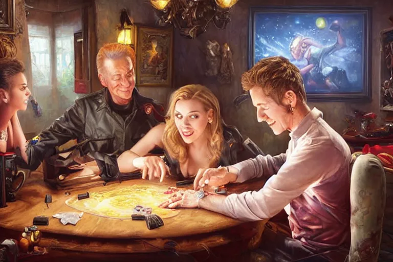 Image similar to portrait of bob barker playing twister with scarlett johansson, an oil painting by ross tran and thomas kincade