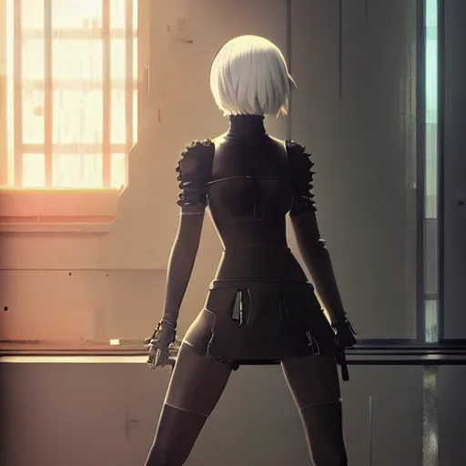 Image similar to realistic render 2 b and 9 s from nier automata by ross draws, futuristic dystopian city by ilya kuvshinov, digital anime art by ross tran, extreme intricate details, composition by sana takeda, lighting by greg rutkowski