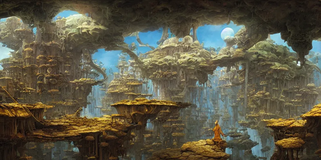 Prompt: a still frame of a floating society by hubert robert and daniel merriam and roger dean and jacek yerka, alex grey style, soft lighting, beautiful, realistic, minimalistic