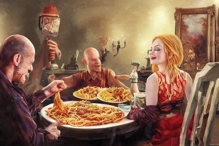 Image similar to emma stone having a spaghetti dinner with michael berryman, an oil painting by ross tran and thomas kincade