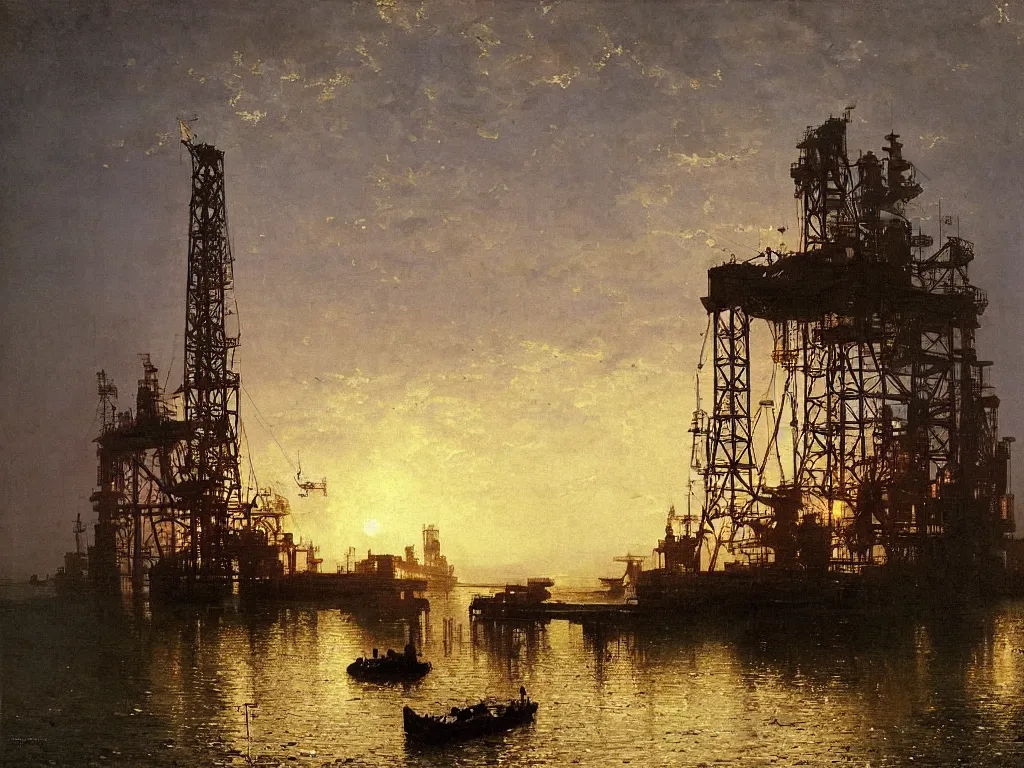 Prompt: an oil platform, by carl spitzweg