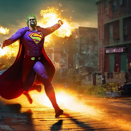 Image similar to pickle rick as superman! flying in ( gears of war ), splash art, movie still, detailed face, photorealistic facial features, cinematic lighting, dramatic, octane render, long lens, shallow depth of field, bokeh, anamorphic lens flare, 8 k, hyper detailed, 3 5 mm film grain