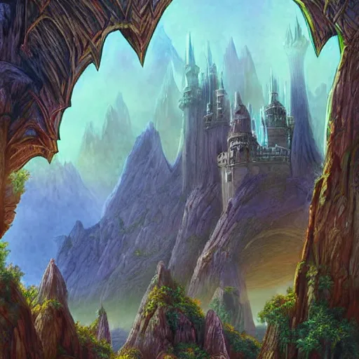 Prompt: epic fantasy landscape. towers, castles, and dragons. dragonlance graphic art print by erol otus