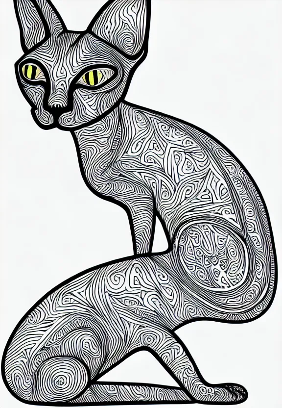 Prompt: sphynx cat statue ornaments fractal ink drawing line art colouring page, vector, margins, fine lines, centered