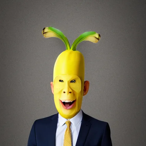 Image similar to banana head, a man wearing a suit banana head