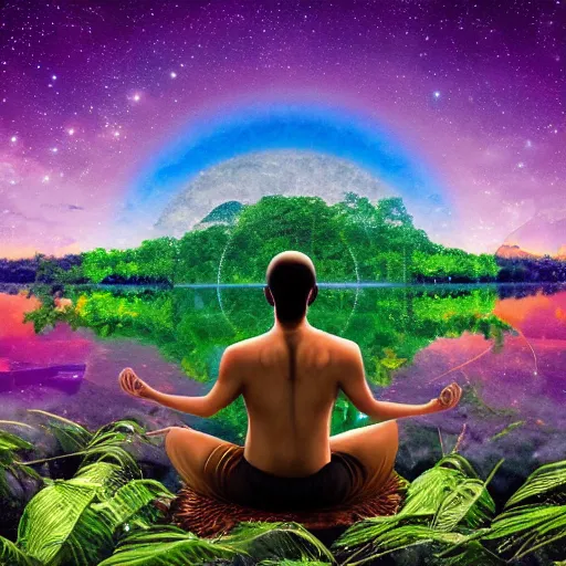 Image similar to human meditating supreme peace immense knowledge amazon jungle in background impending doom dmt art