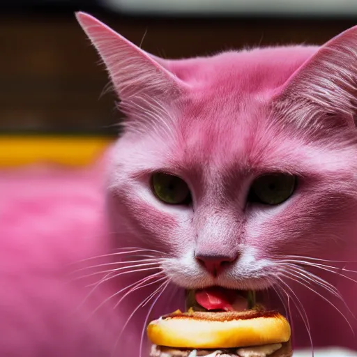 Image similar to photo of a pink cat with pink fur, eating a hamburger, biting a hamburger-C 12